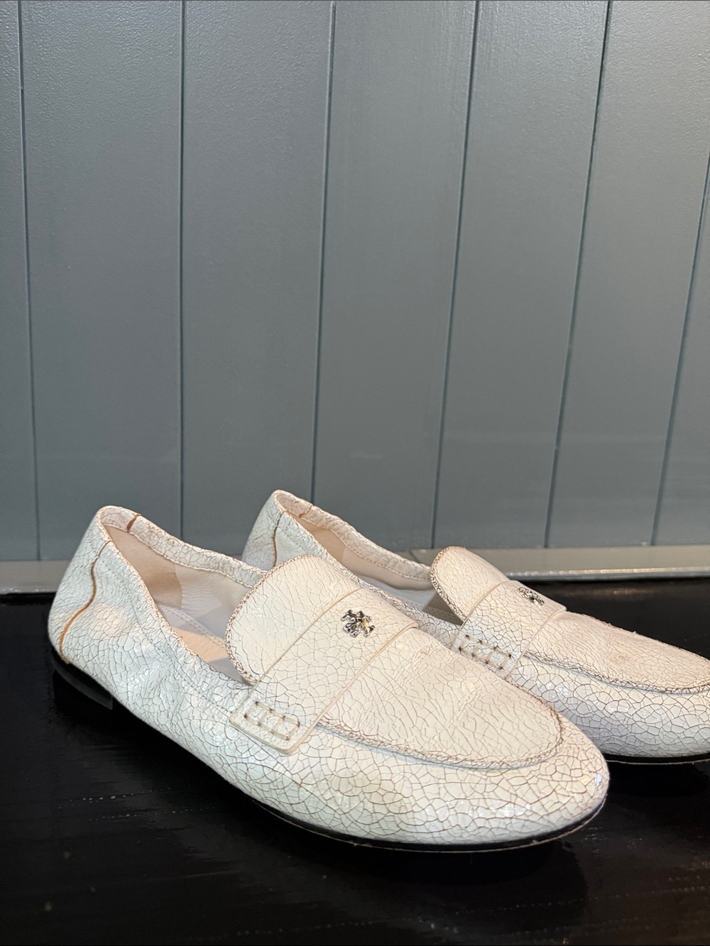 Tory Burch White Cracked Leather Penny Loafers